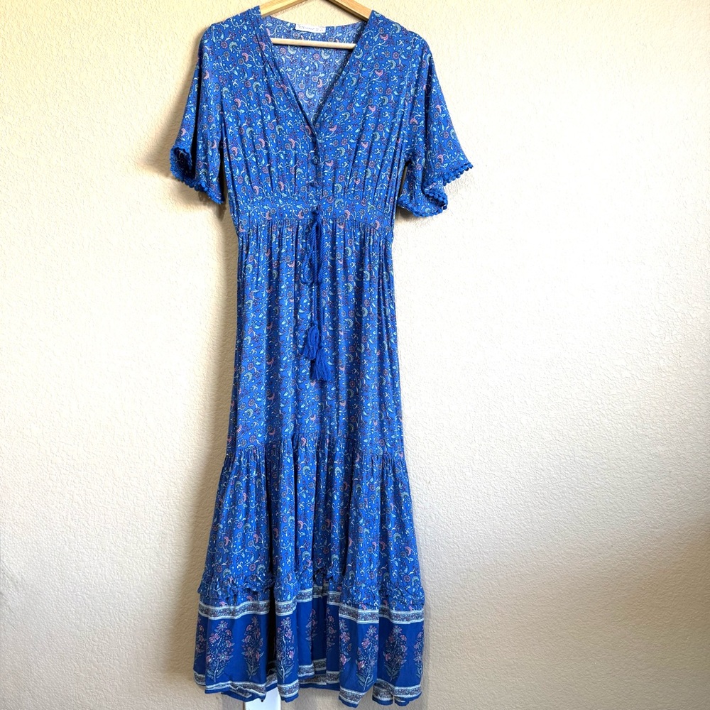 Women’s Boho Blue Floral V-Neck Maxi Dress Tussle Details Waist Band Sz 4/6 S
